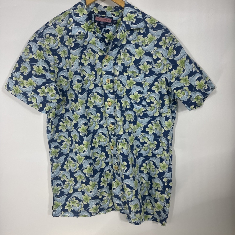 Vineyard Vines Mens Marlin Hibiscus Floral Short Sleeve Button Down Shirt Blue M